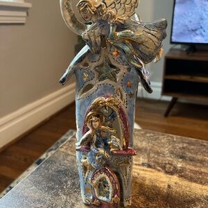 Blue Sky Clayworks Angel House Tea Light Candle Holder w/ Gold and Blue Accents